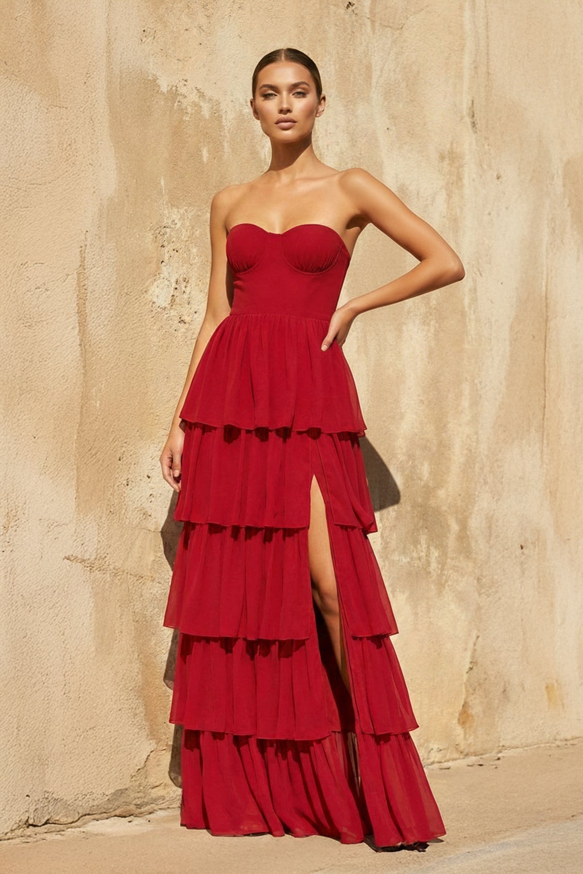 Strapless Tiered Maxi Dress in Red