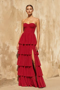 Strapless Tiered Maxi Dress in Red