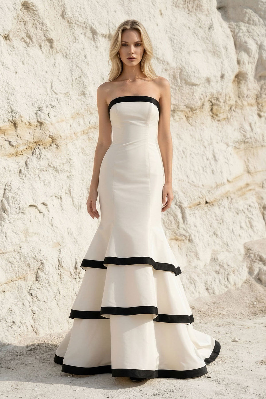 Strapless Tiered Mermaid Prom Gown in Black and White