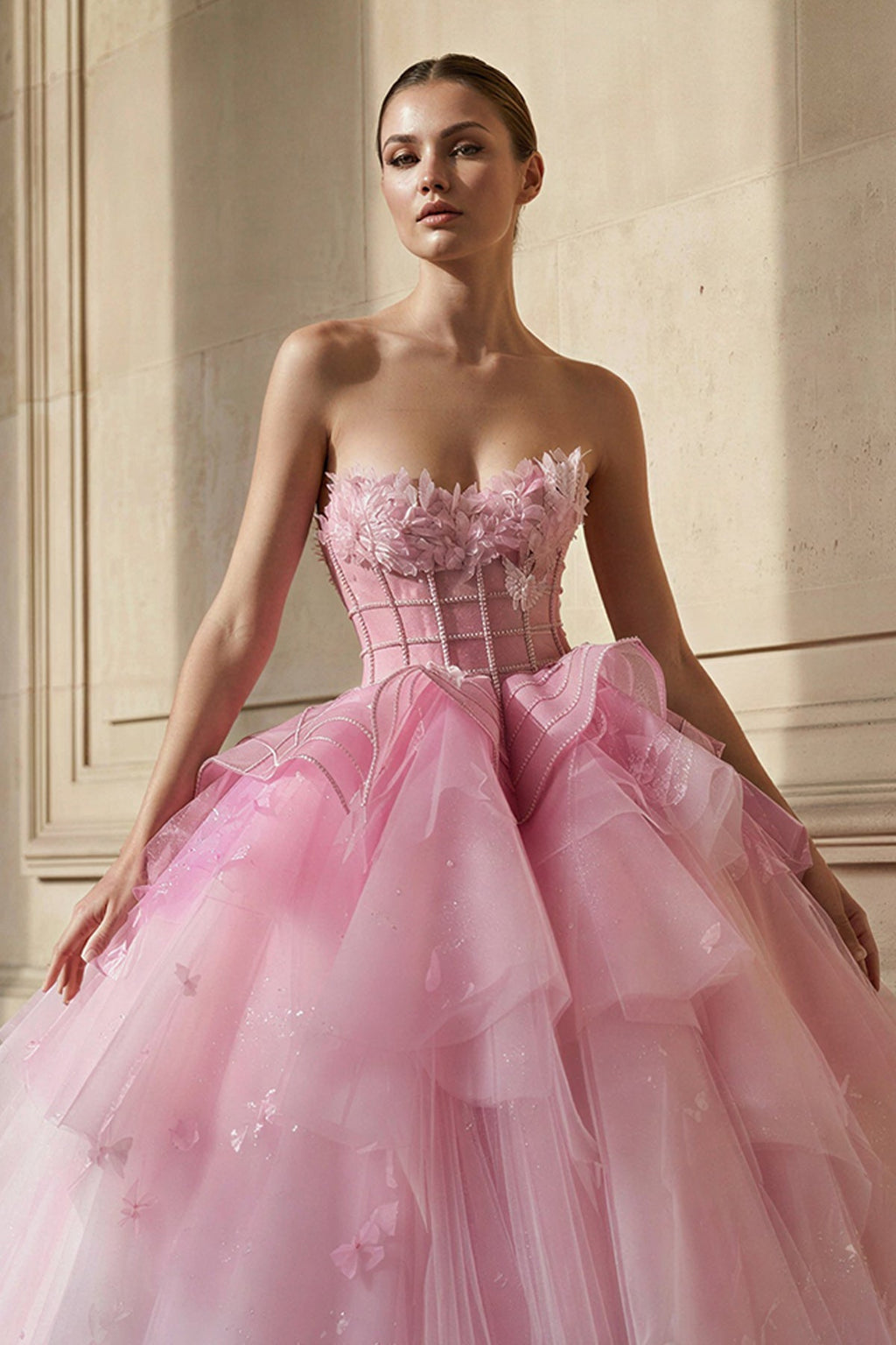 Strapless Tulle Gown With Appliques in Pink