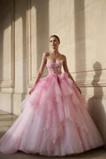 Strapless Tulle Gown With Appliques in Pink