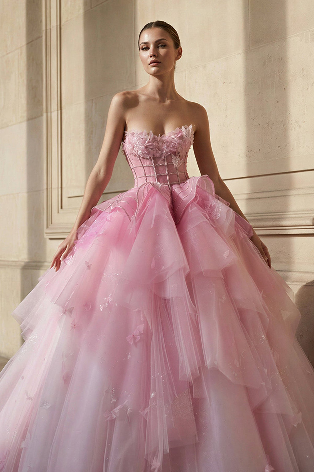 Strapless Tulle Gown With Appliques in Pink