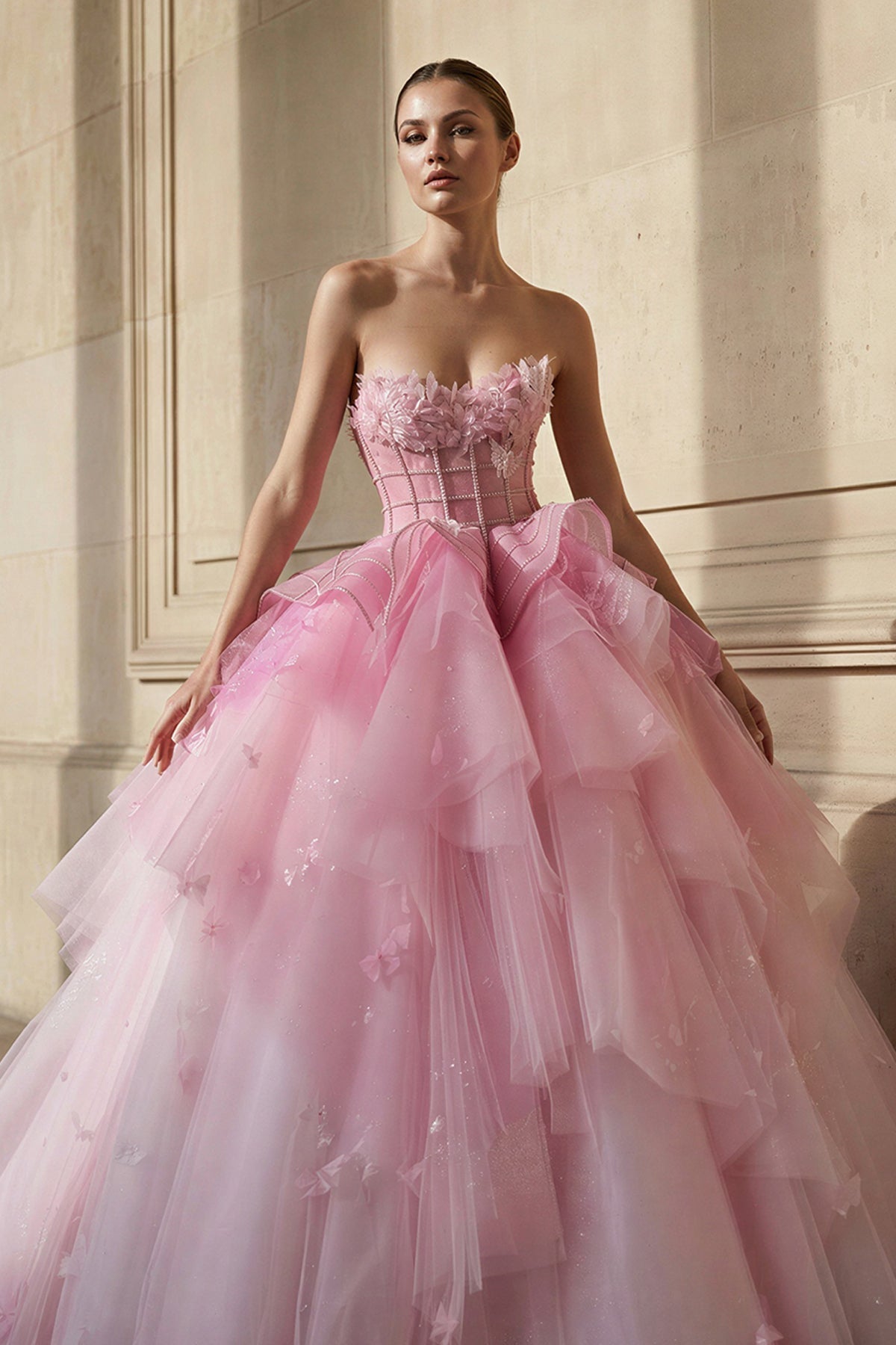 Strapless Tulle Gown With Appliques in Pink