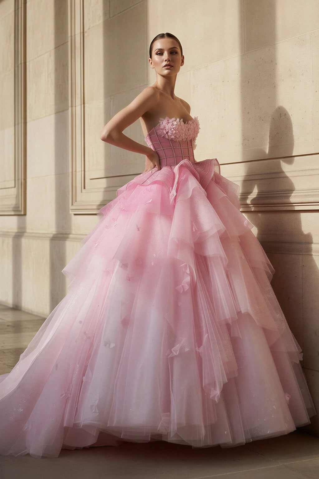 Strapless Tulle Gown With Appliques in Pink