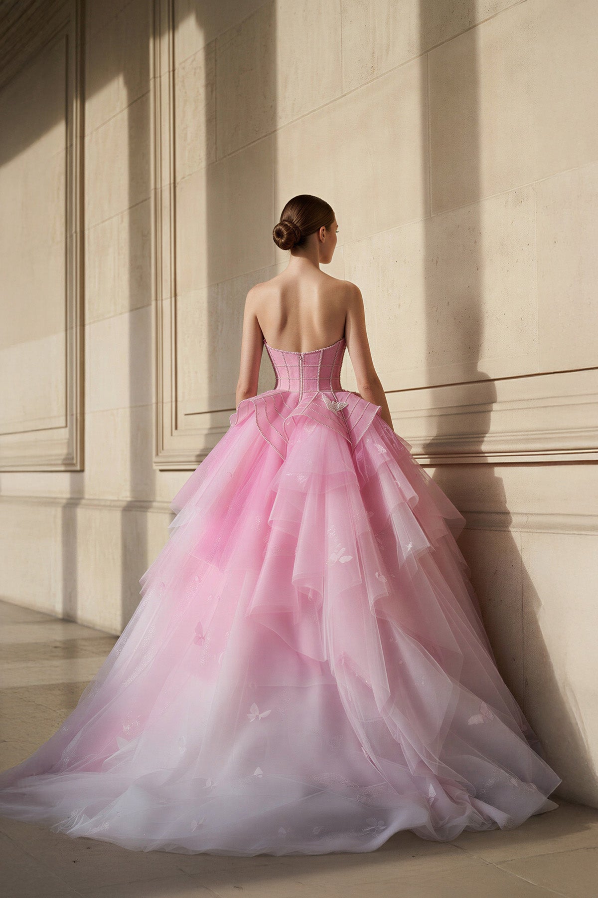 Strapless Tulle Gown With Appliques in Pink