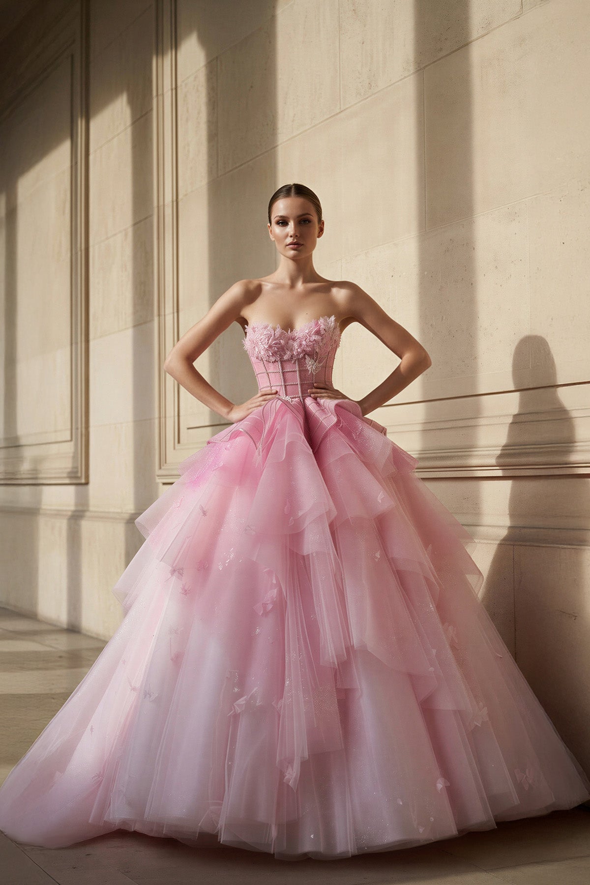 Strapless Tulle Gown With Appliques in Pink