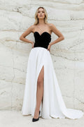 Strapless Velvet Slit Prom Dress in Black and White