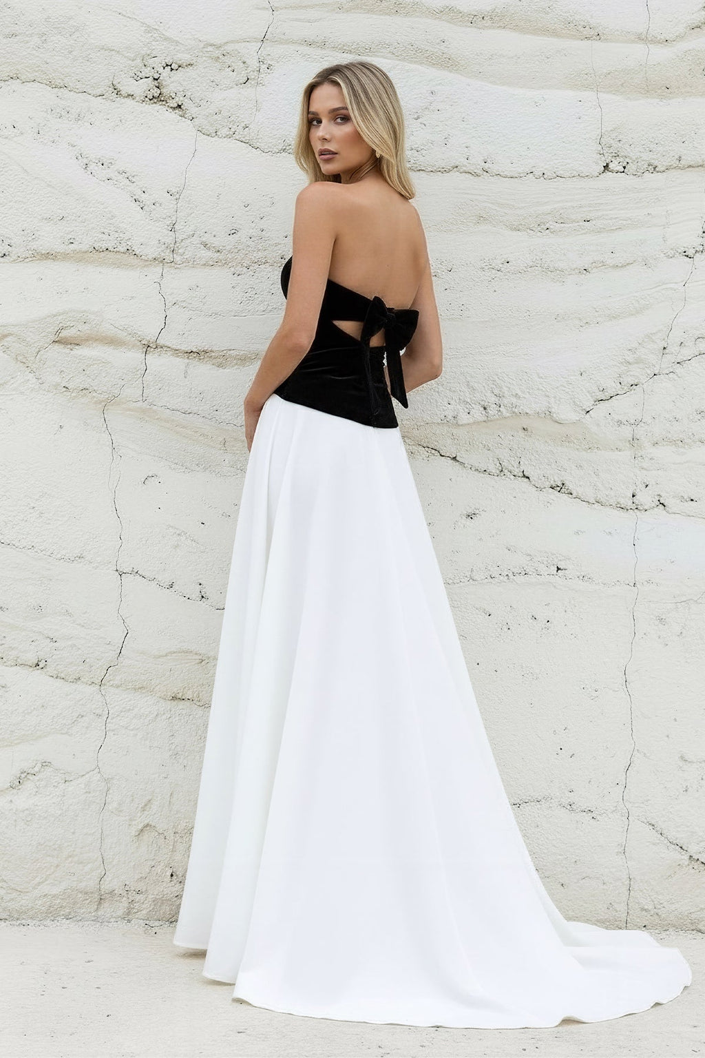 Strapless Velvet Slit Prom Dress in Black and White