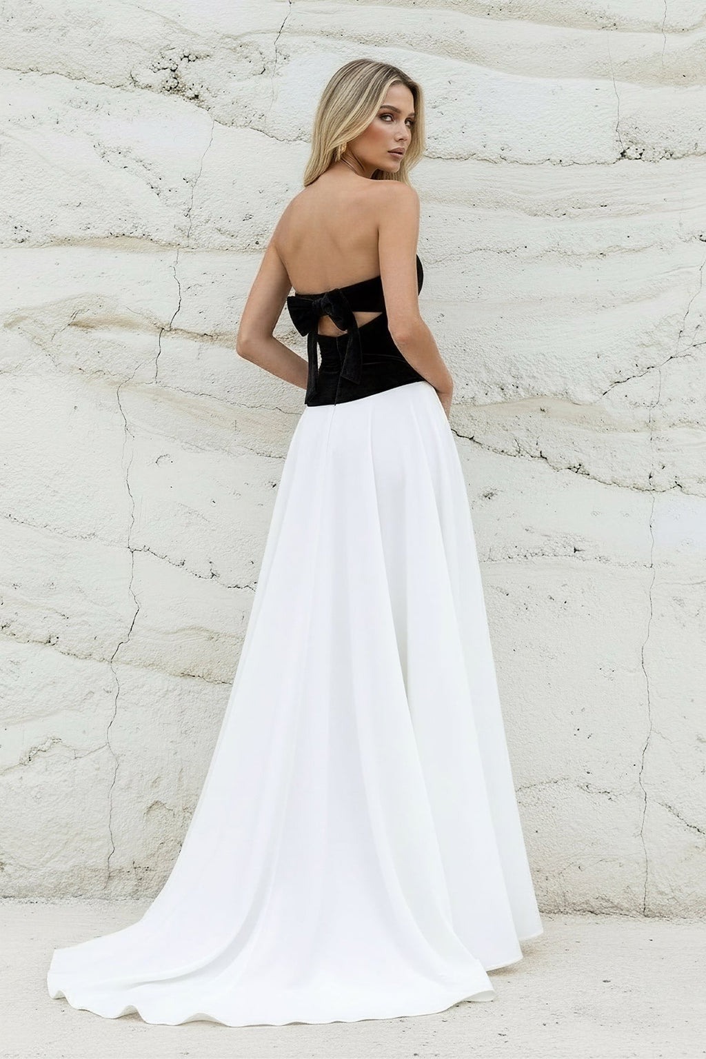 Strapless Velvet Slit Prom Dress in Black and White