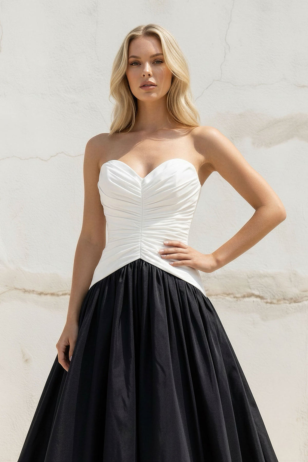Sweetheart Ruched Gown in Black and White