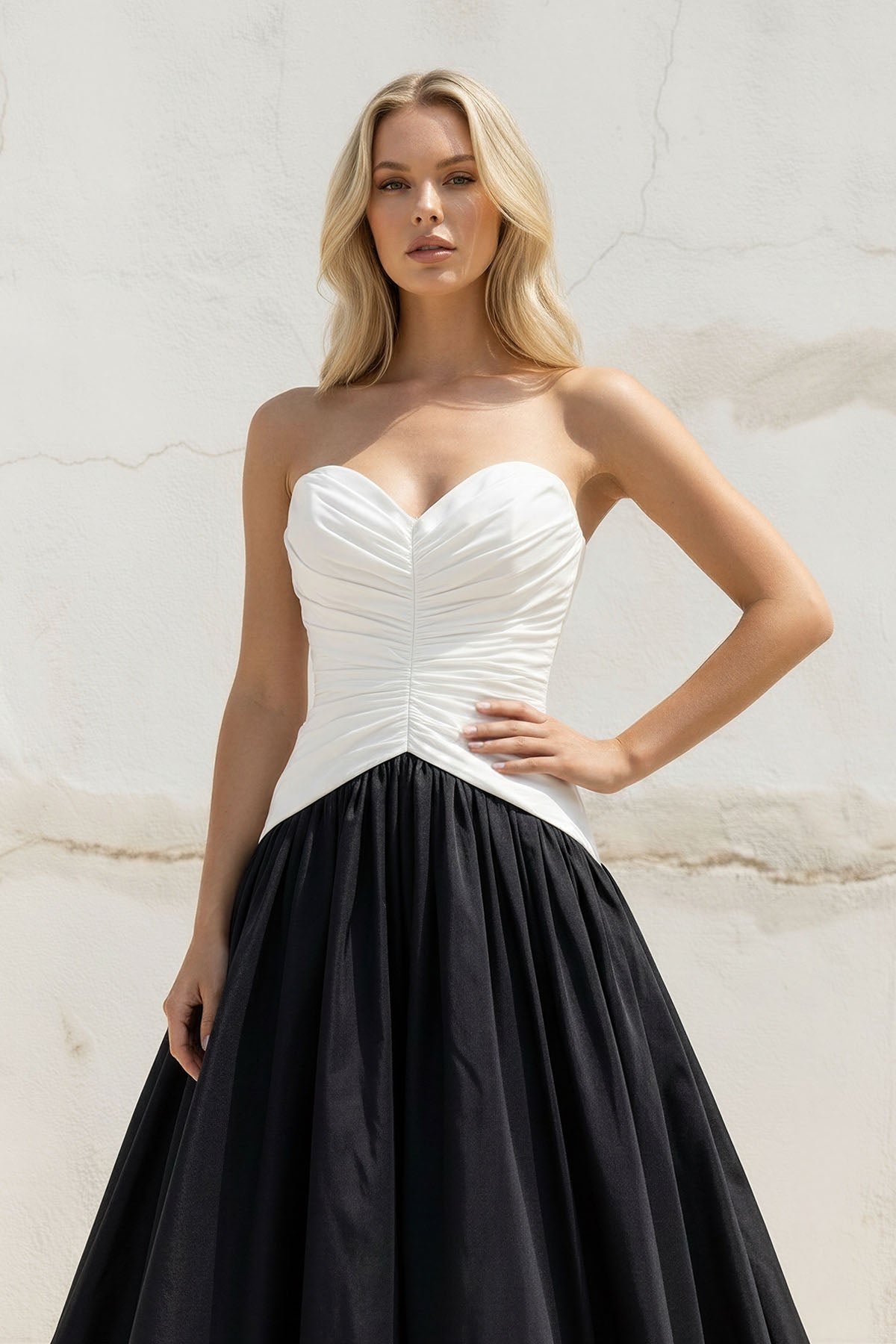 Sweetheart Ruched Gown in Black and White