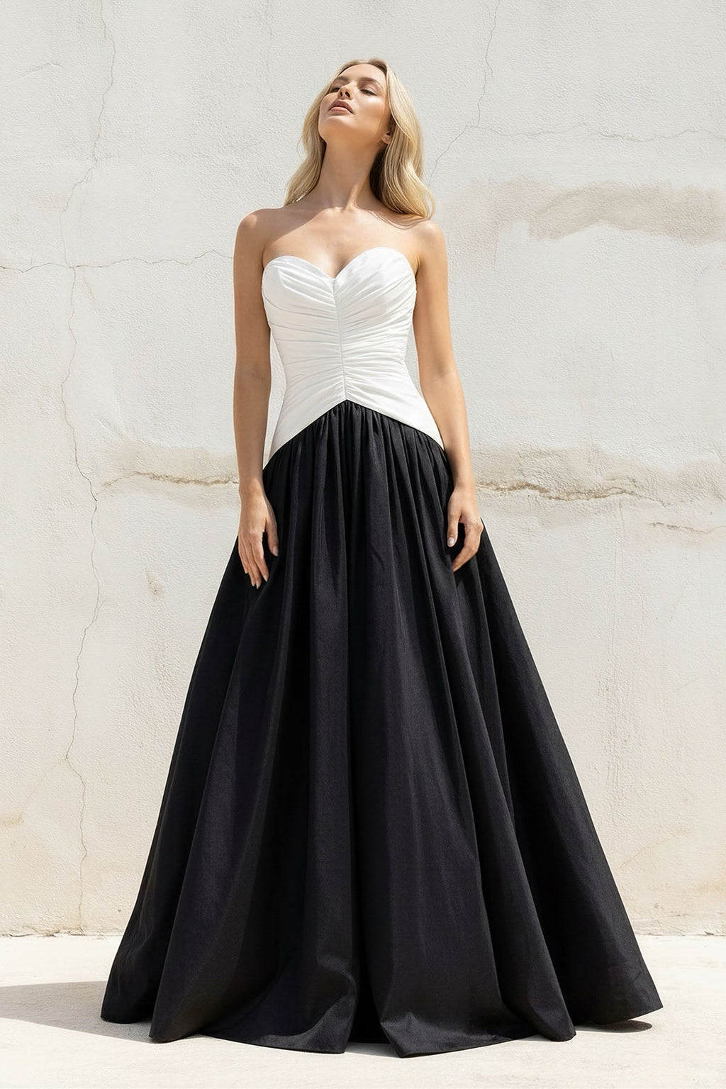 Sweetheart Ruched Gown in Black and White