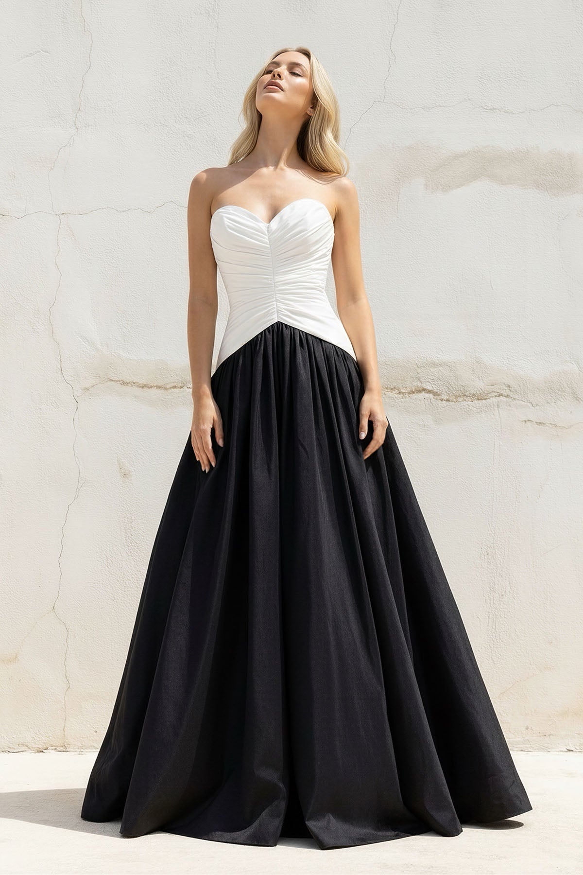 Sweetheart Ruched Gown in Black and White