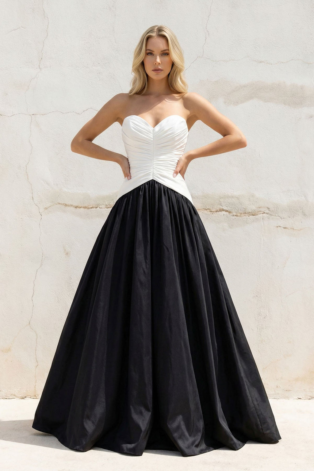 Sweetheart Ruched Gown in Black and White