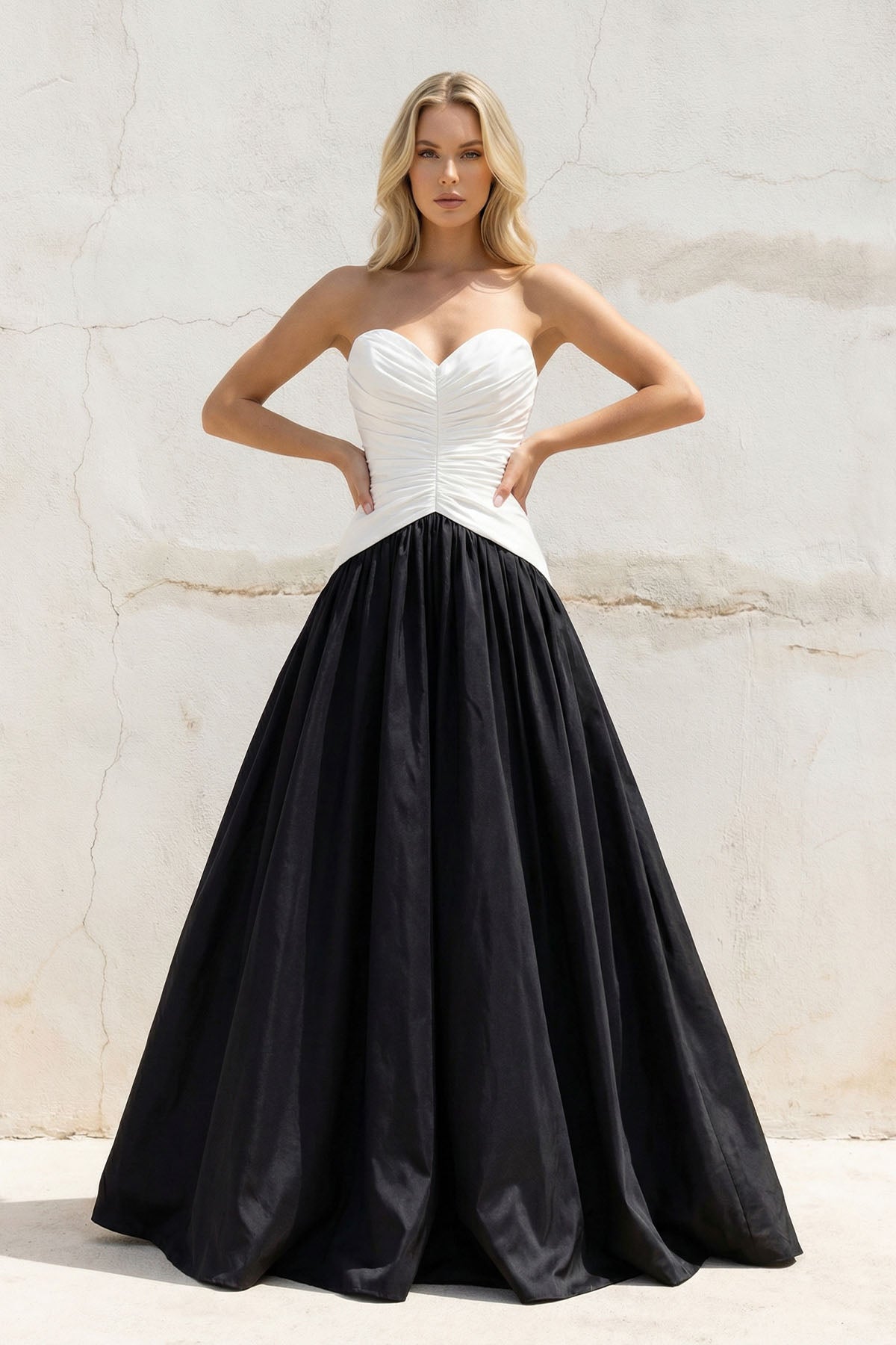 Sweetheart Ruched Gown in Black and White