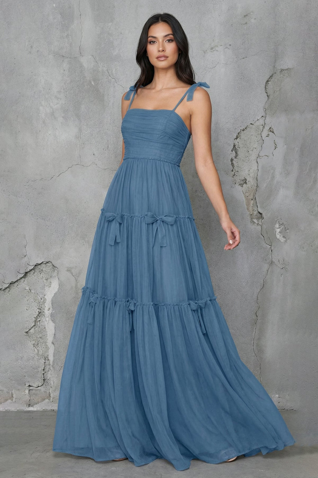 Tiered Maxi Dress With Bow in Steel Blue