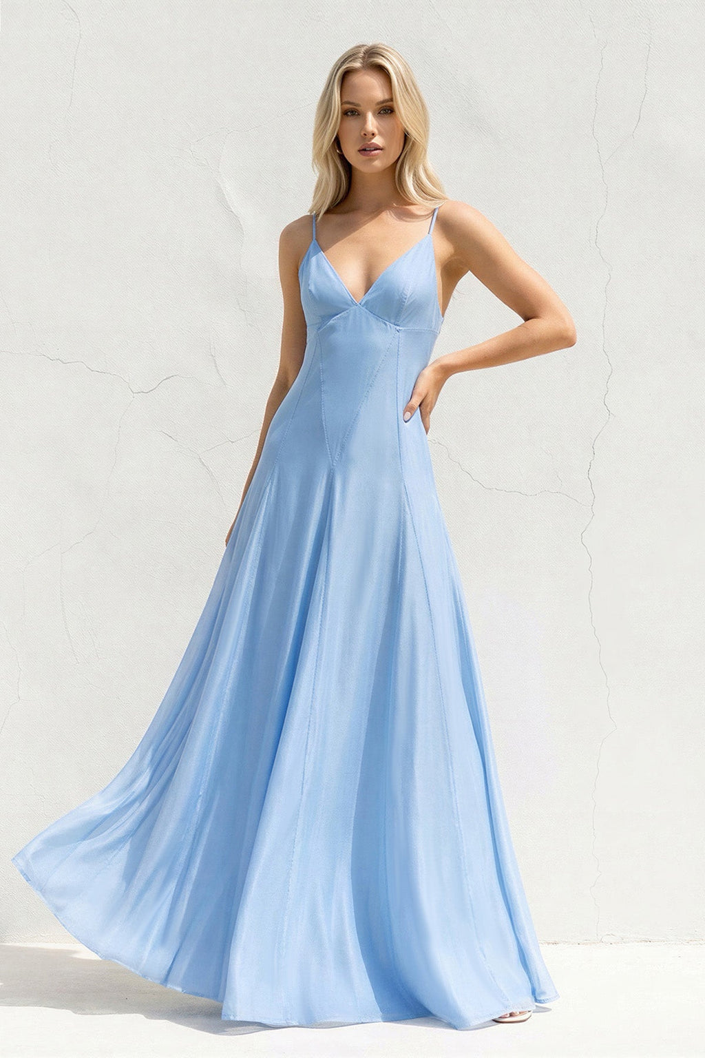 V Neck A Line Maxi Dress in Sky Blue