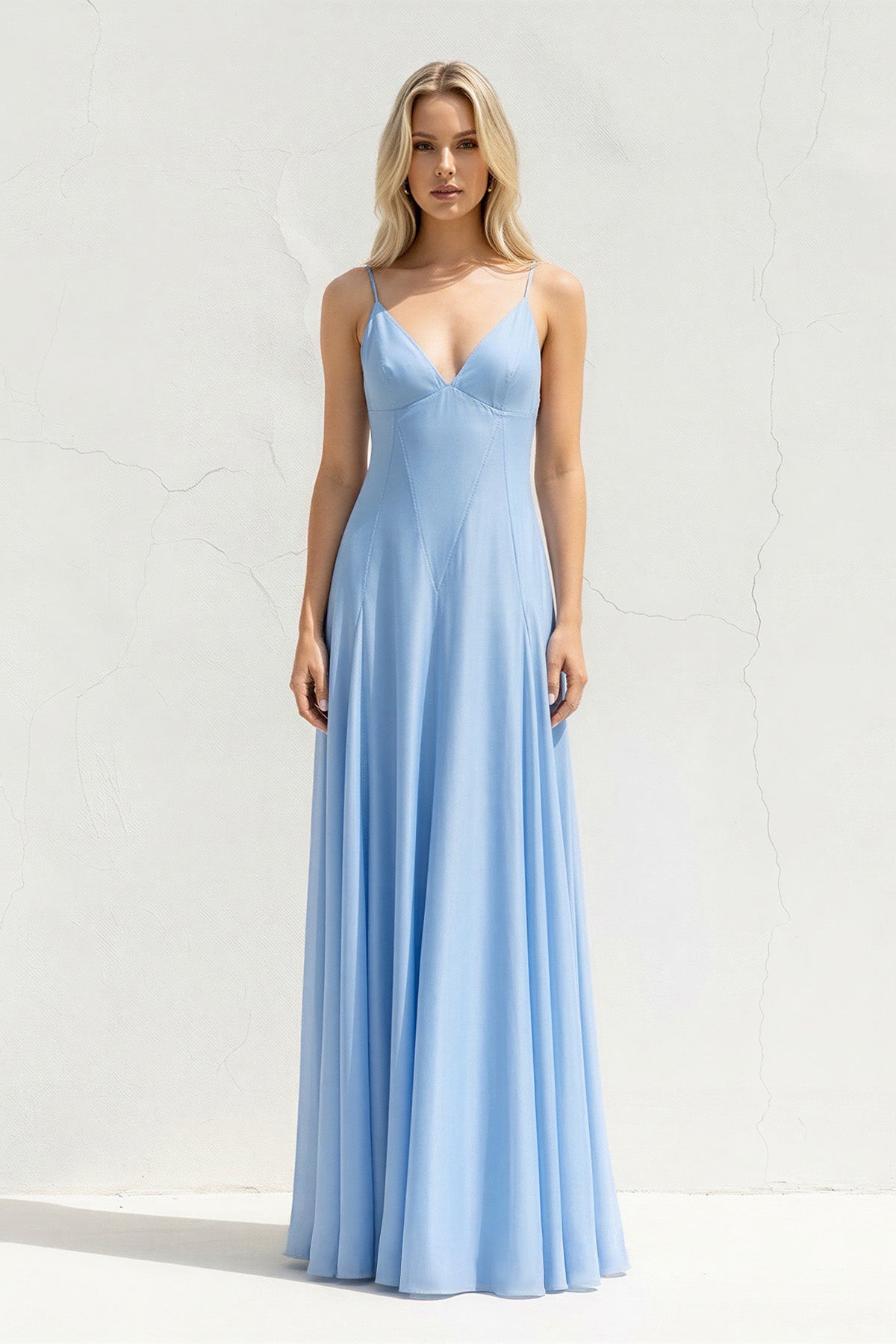 V Neck A Line Maxi Dress in Sky Blue