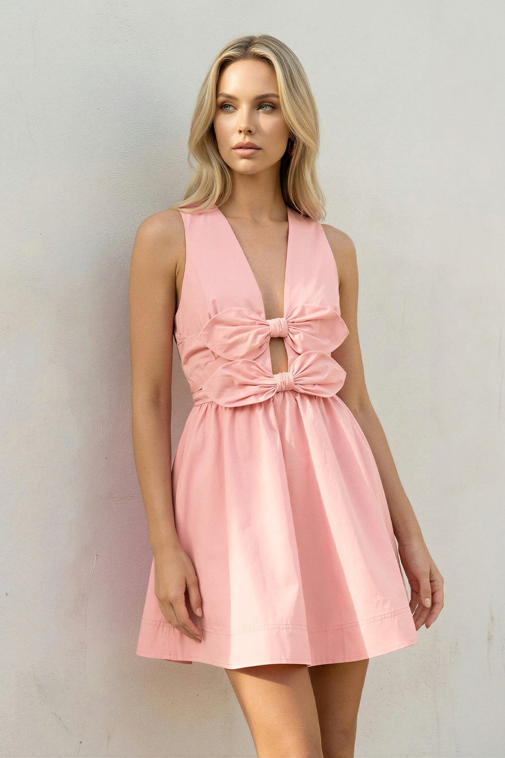 V Neck Cutout Mini Dress With Bow in Pink