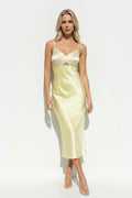V Neck Pleated Midi Dress With Cutout in Yellow
