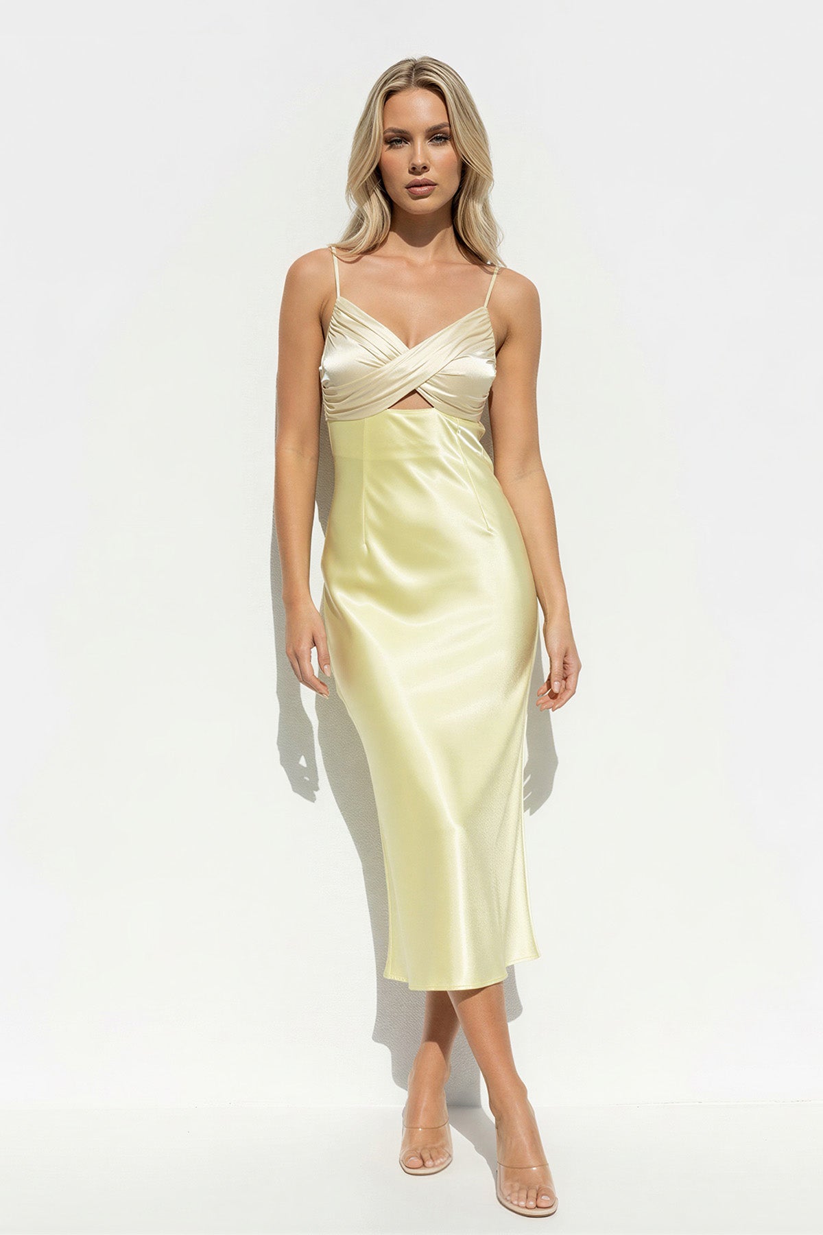 V Neck Pleated Midi Dress With Cutout in Yellow