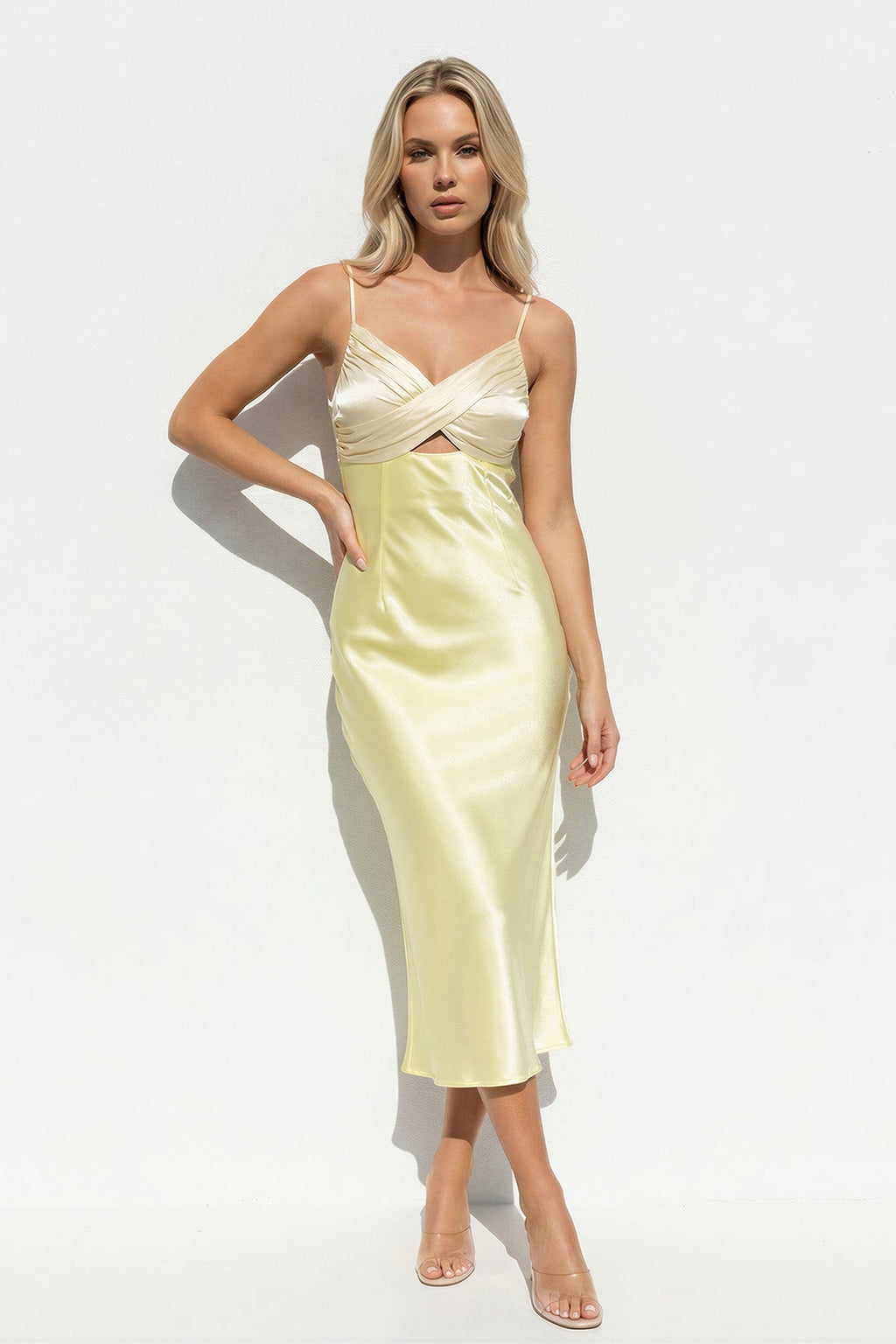 V Neck Pleated Midi Dress With Cutout in Yellow