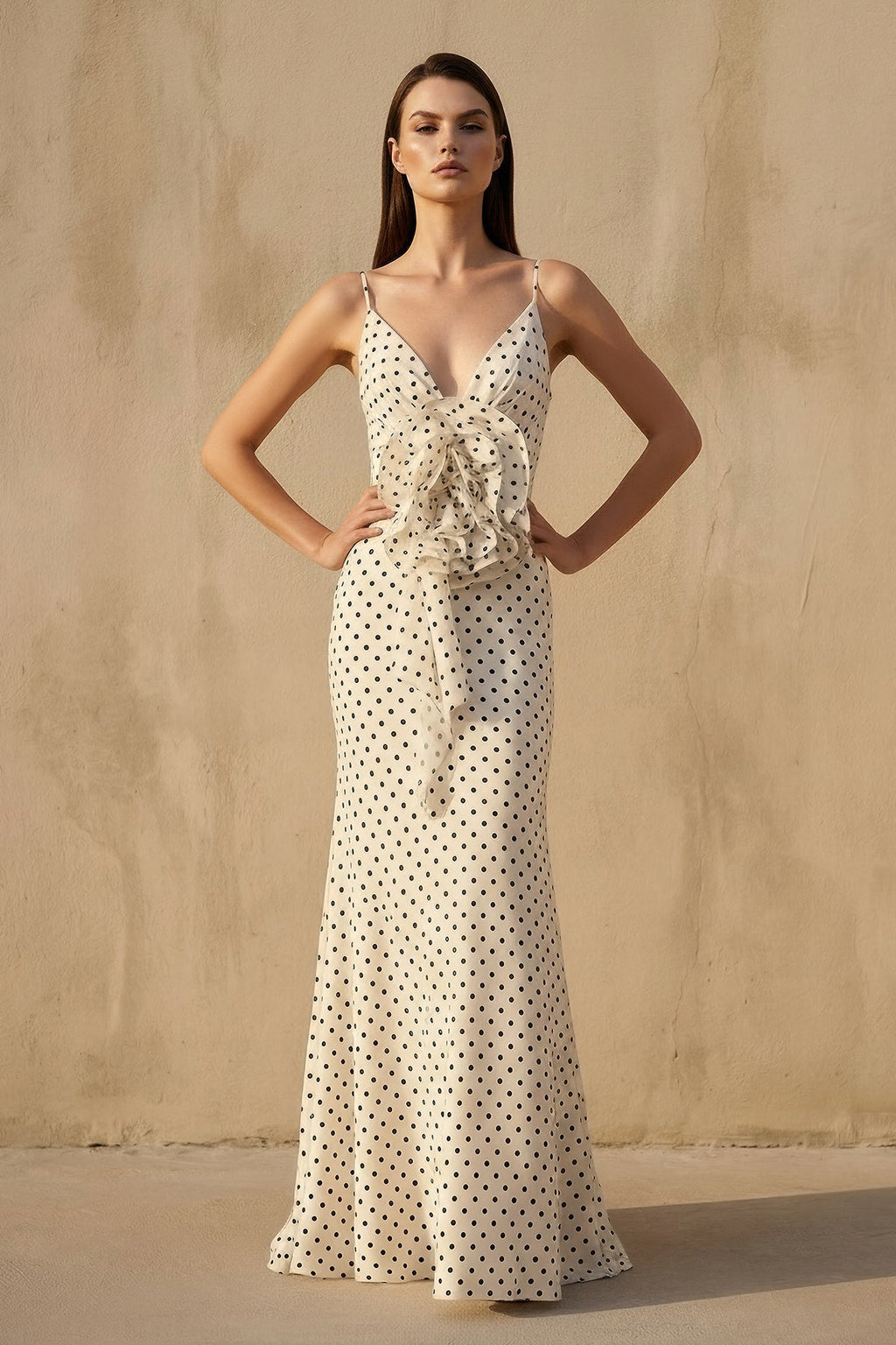 V Neck Polka Dot Ruffled Maxi Dress in Ivory