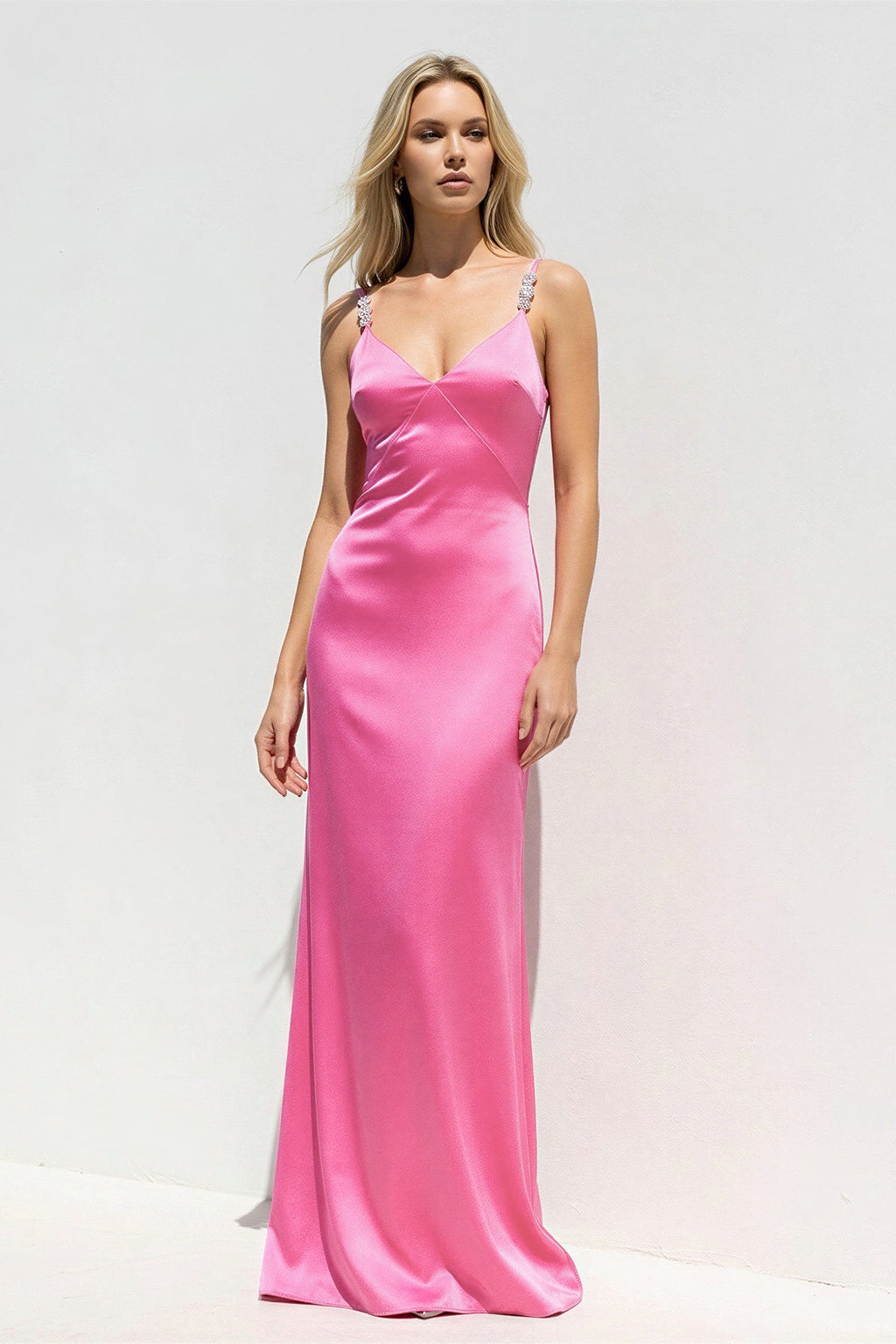 V Neck Sheath Maxi Dress With Beading in BonBon Pink