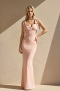 V Neck Sheath Maxi Dress With Bow in Pink