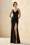 V Neck Slit Maxi Dress With Pearl in Black