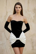 Velvet Mini Dress With Bow in Black and White