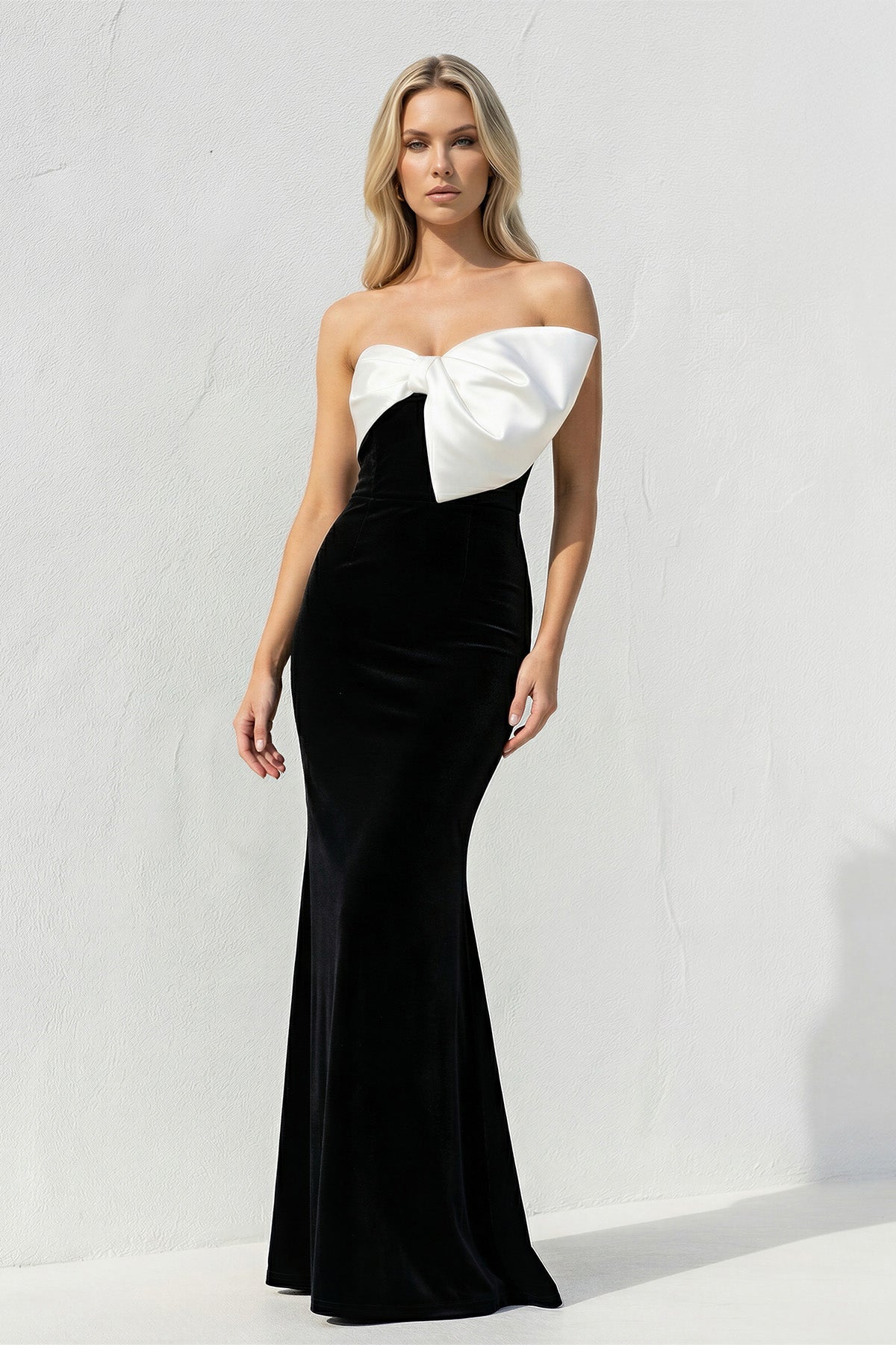 Velvet Sheath Prom Dress With Bow in Black and White