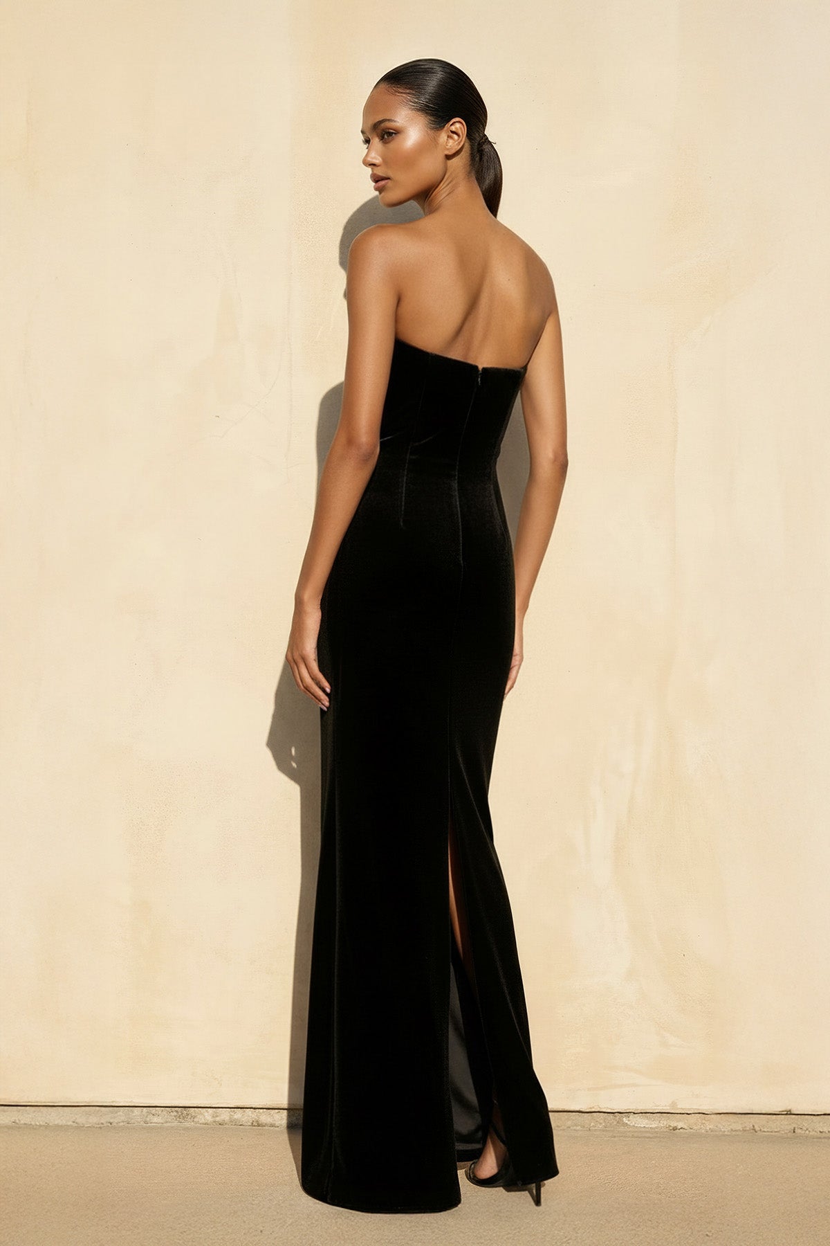 Velvet Strapless Beaded Gown in Black