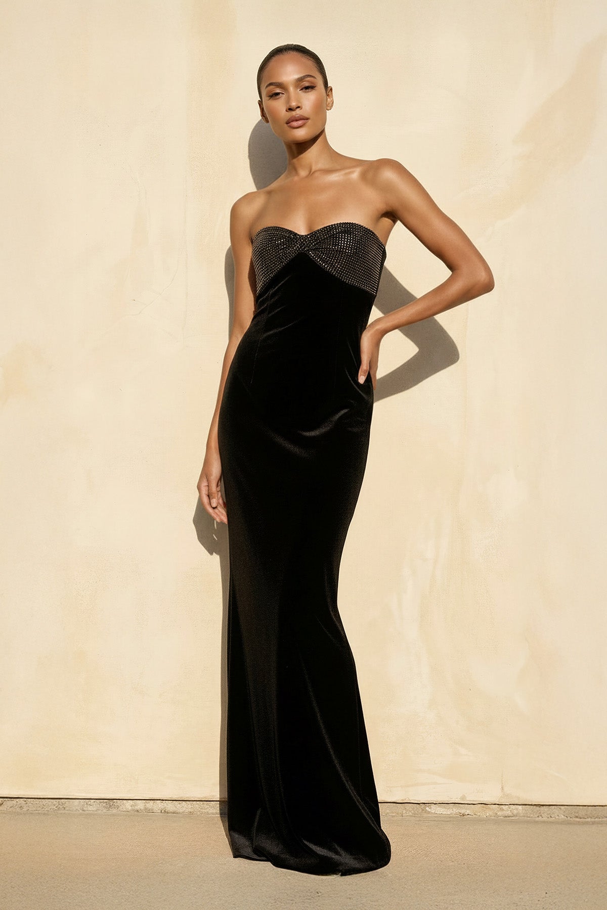 Velvet Strapless Beaded Gown in Black